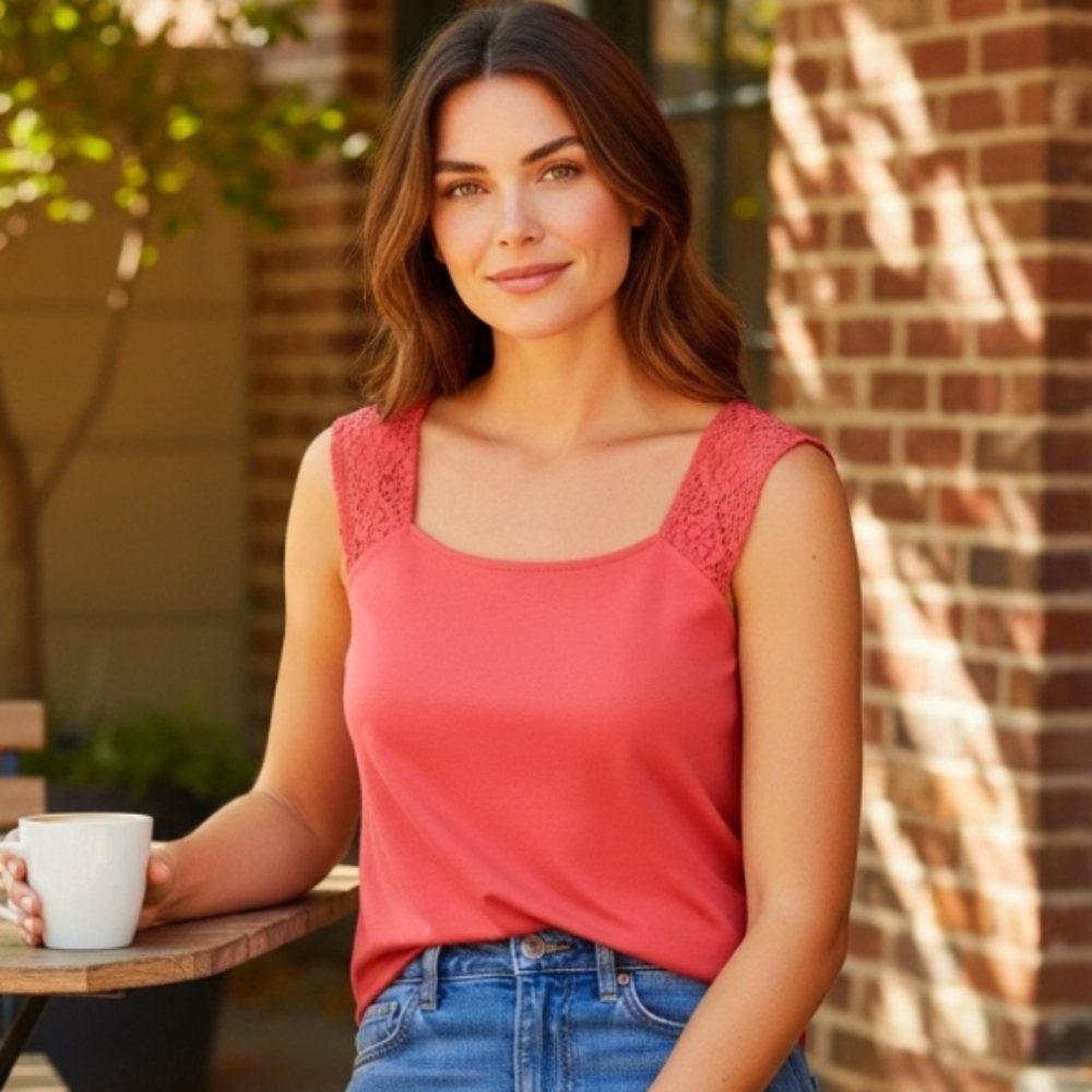 Jockey Crochet Strap Tank Bright Coral with Shelf Bra Size Women's S